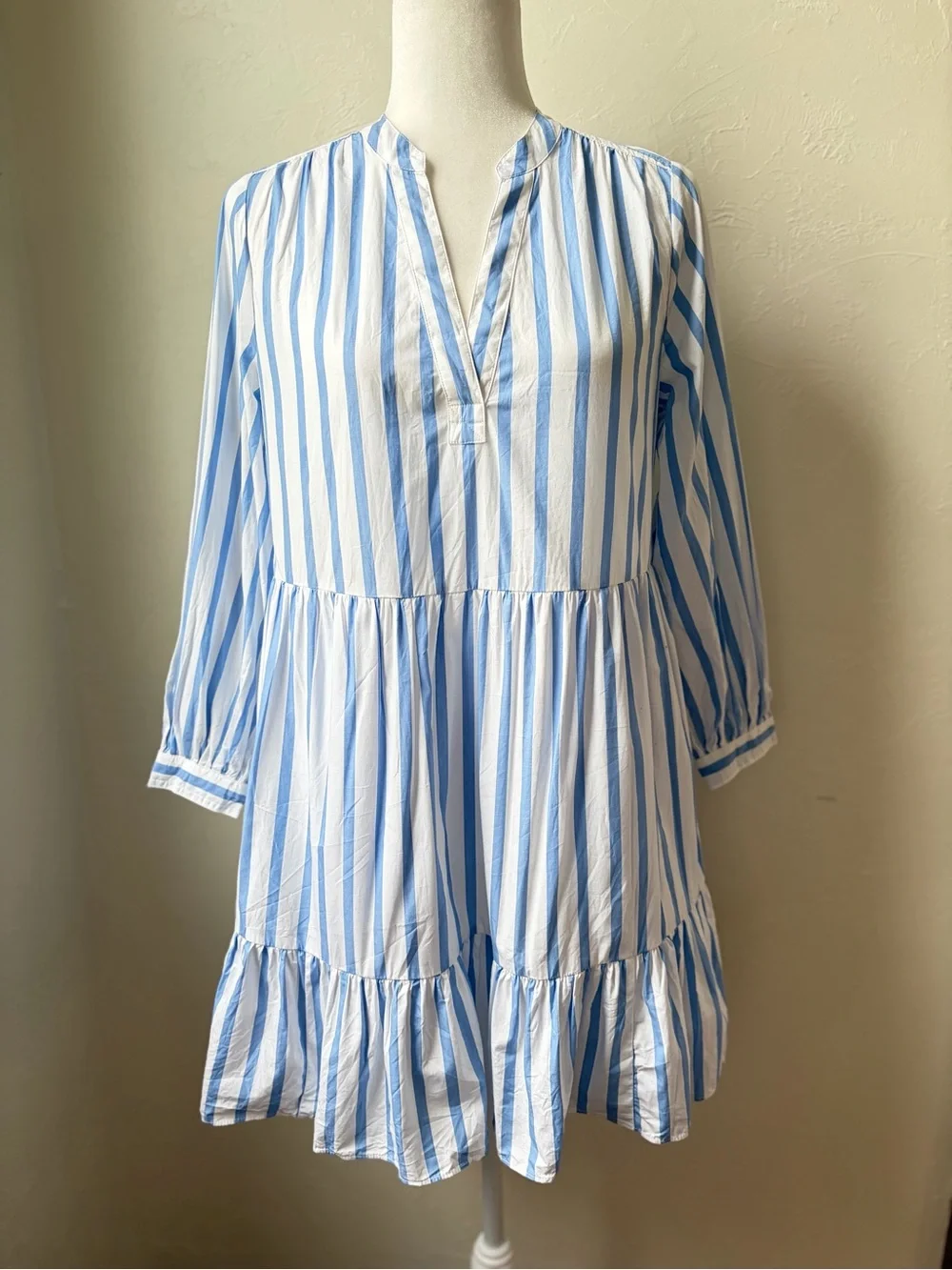 J. Crew Blue & White Striped Tiered V-Neck Mini Dress